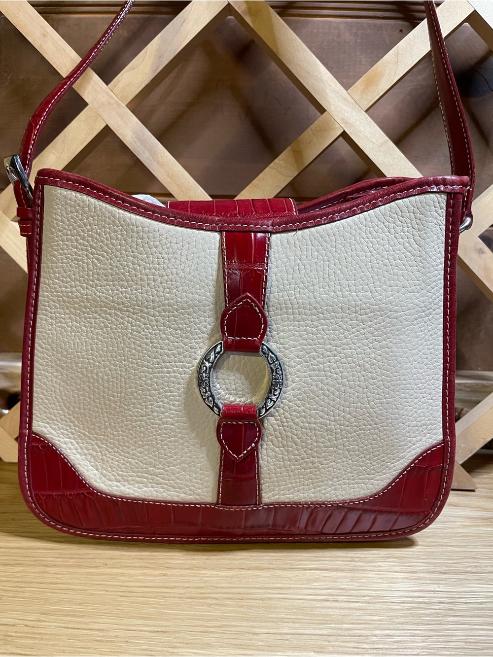 Brighton Signature Classic Mixed Media Leather Saddle Bag / Croc-Embossed Trim